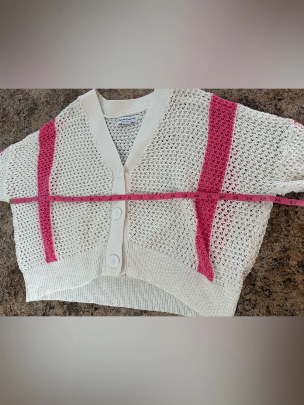 Anthropologie Charlie Holiday Cream Open Knit Cardigan with Bright Pink Stripes - Picture 5 of 6